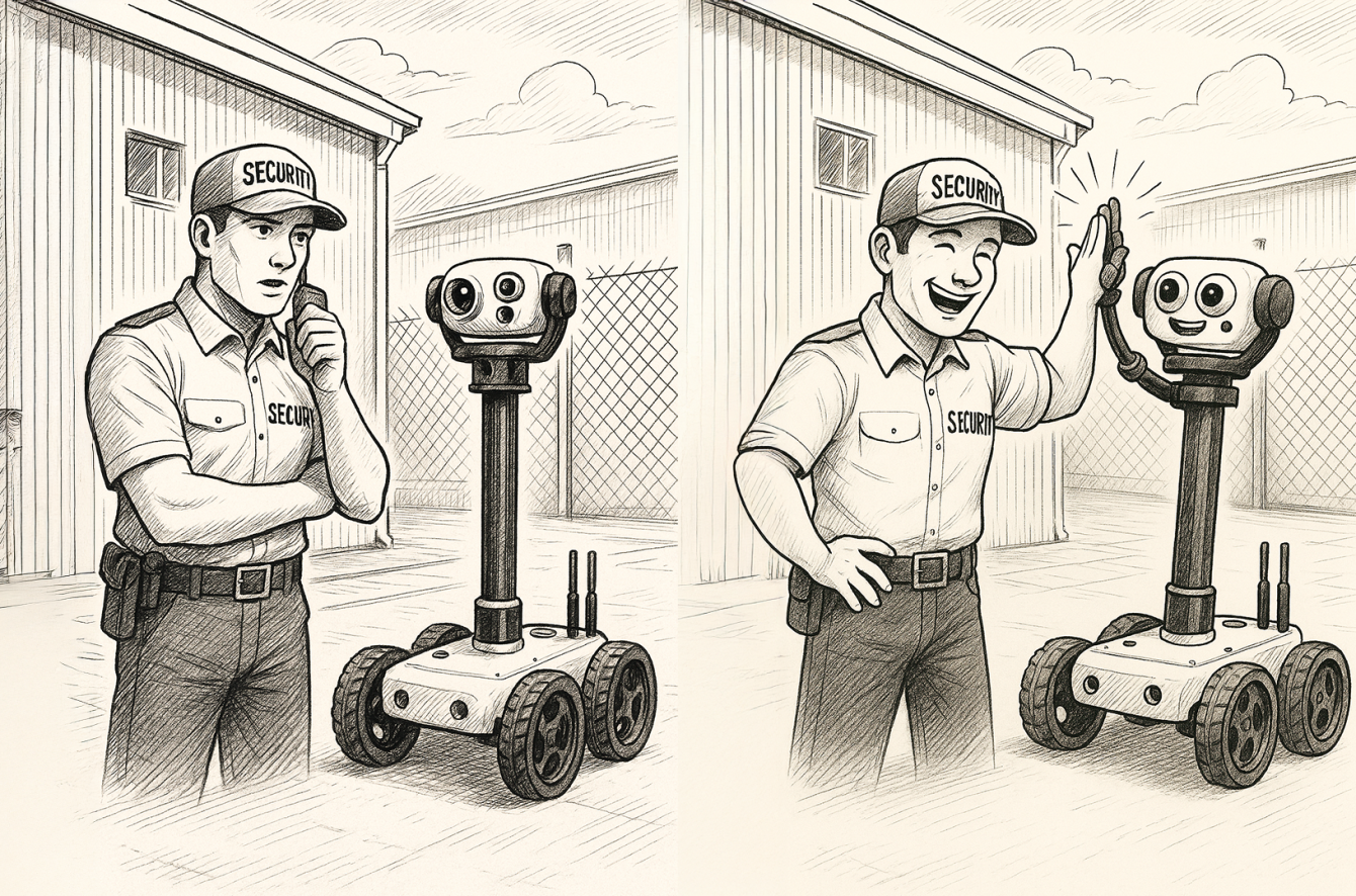 Viñeta en dos escenas: a la izquierda, un guardia de seguridad observa pensativo a un robot autónomo de vigilancia llamado Watchbot mientras habla por radio; a la derecha, el mismo guardia sonríe y choca los cinco con el robot, mostrando una colaboración exitosa entre humano y tecnología en tareas de seguridad