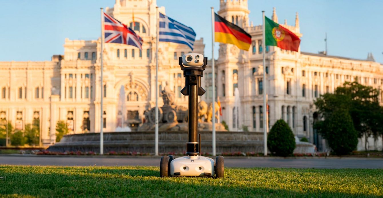 Robot de vigilancia autónoma de Star Robotics ante el Palacio de Cibeles de Madrid, con banderas internacionales al fondo