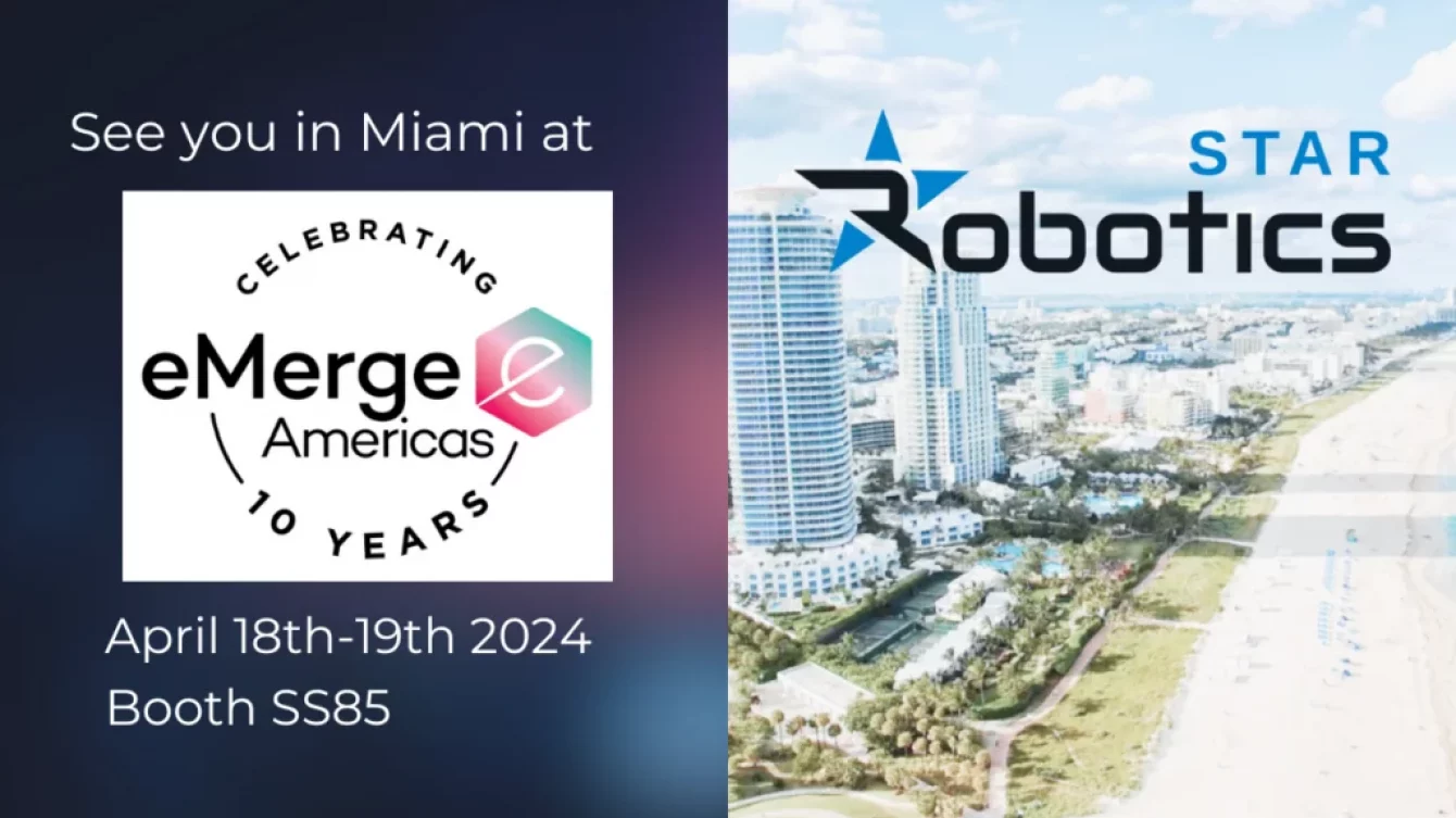 Star Robotics graphic announcing its presence at eMerge Americas 2024 in Miami, April 18-19, booth SS85