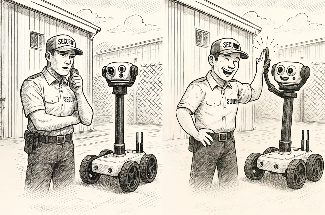 Ilustración en dos escenas: un vigilante de seguridad observa con recelo al robot Watchbot y después lo saluda con la mano